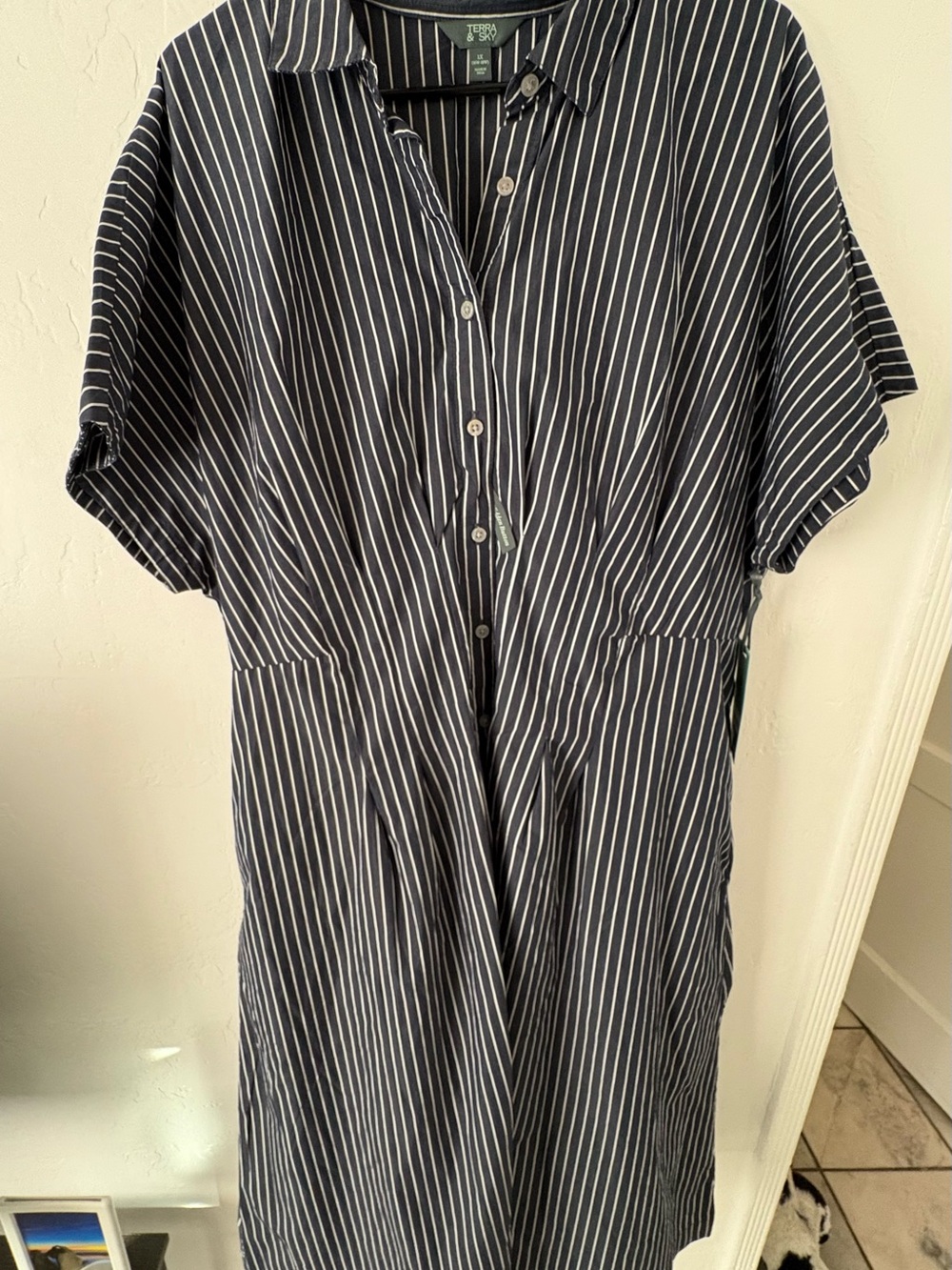 Terra & Sky Navy and White Vertical Stripe Short-Sleeve Button-Down dress